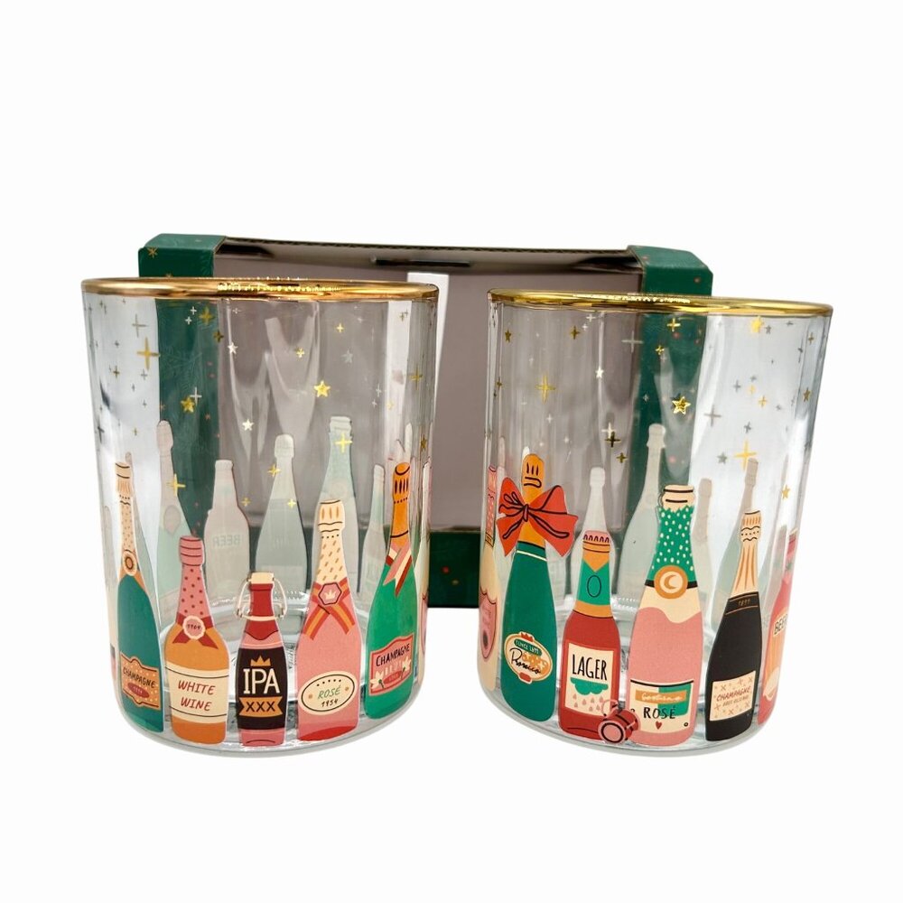 NWT NORDSTROM TMD SET OF 2 GOLD RIM CHAMPAGNE BOTTLE DESIGN ROCKS GLASSES